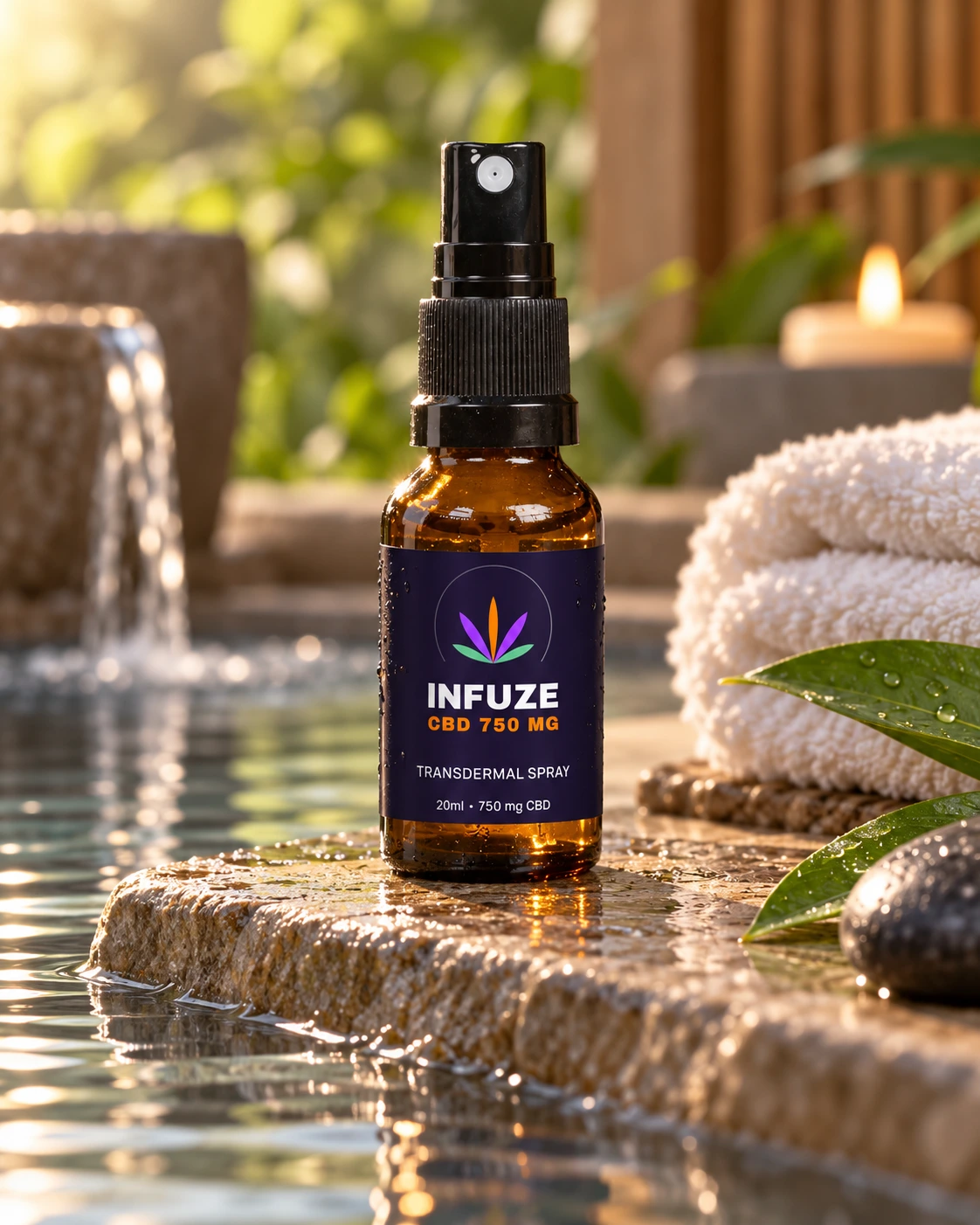 INFUZE CBD Flasche in einer Wellnessumgebung mit Handtüchern und warmem Kerzenlicht